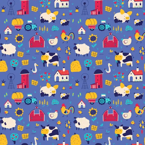 A repeating farm-themed pattern on a medium blue background, featuring red barns, white and black cows, sheep, chickens, tractors, houses, sunflowers, and other rural icons.