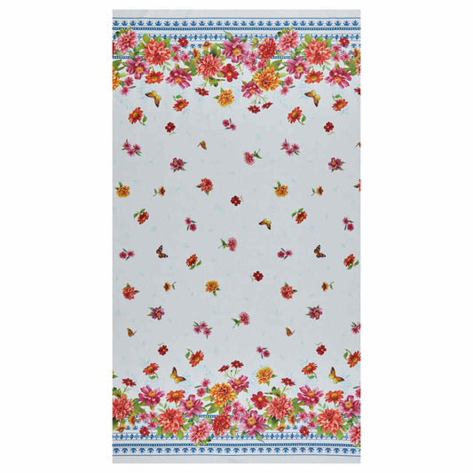 A rectangular fabric featuring a vibrant floral pattern with pink, red, and orange flowers, green leaves, and small butterflies, finished with decorative blue patterned borders at the top and bottom.
