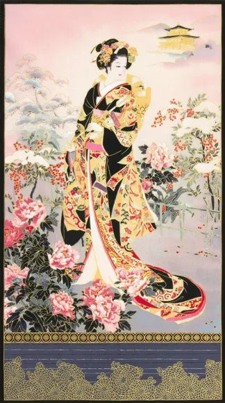 Japanese-style art fabric panel print featuring a woman in an ornate black and gold kimono standing among pink flowers, with a pale sky, distant pagoda, and decorative border at the bottom.