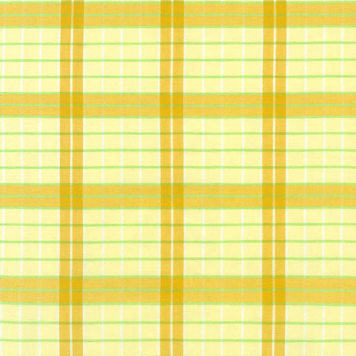 A close-up of a plaid fabric pattern with a pale yellow background, mustard yellow vertical stripes, and thin light green horizontal and vertical lines.