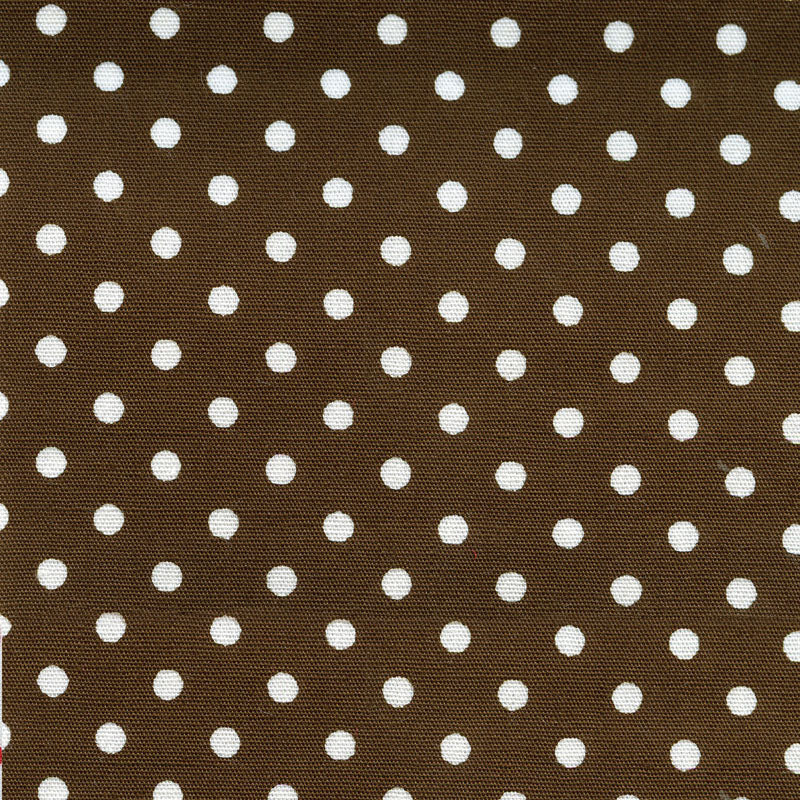 Brown fabric with a white polka dot pattern, showing a close-up of the woven texture.