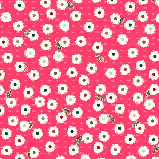 A repeating floral pattern on a bright pink background, featuring white daisy-like flowers with dark blue centers and a few olive-green leaves.