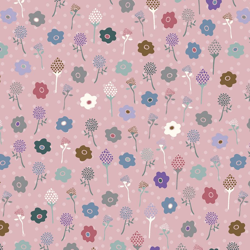 A repeating floral pattern on a dusty pink background, featuring stylized flowers in muted blue, purple, teal, brown, white, and red with small pink polka dots throughout.