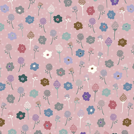 A repeating floral pattern on a dusty pink background, featuring stylized flowers in muted blue, purple, teal, brown, white, and red with small pink polka dots throughout.