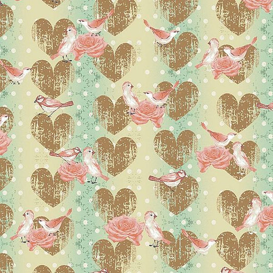 A repeating vintage-style fabric pattern featuring distressed brown hearts, pink roses, small birds, and white dots on a pale yellow-green background.
