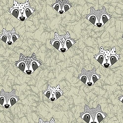A repeating pattern of stylized raccoon and fox faces in black, white, and gray on a warm beige textured background.