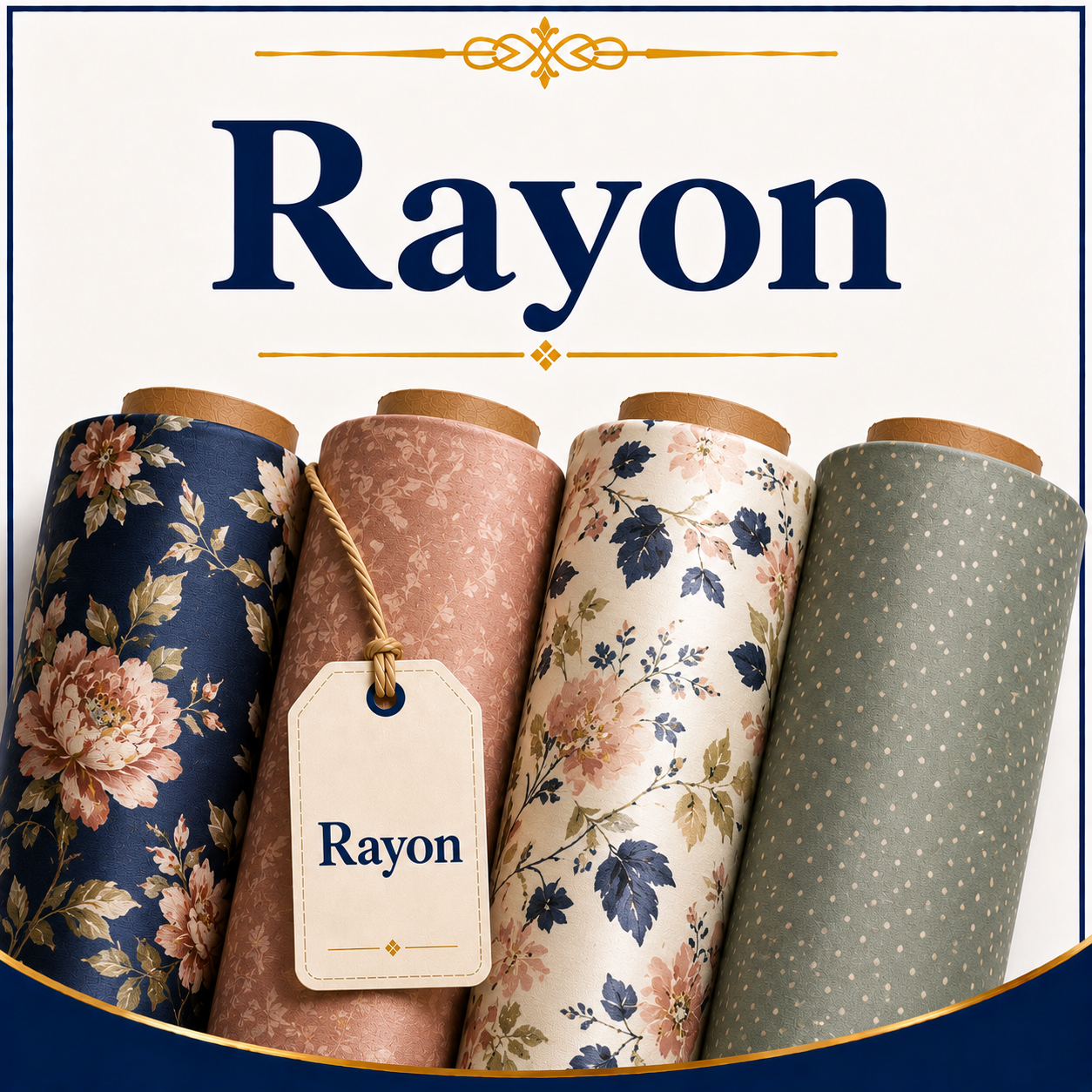 Rolls of Rayon Fabric depicting flowers, blenders, spots, with a tag saying Rayon