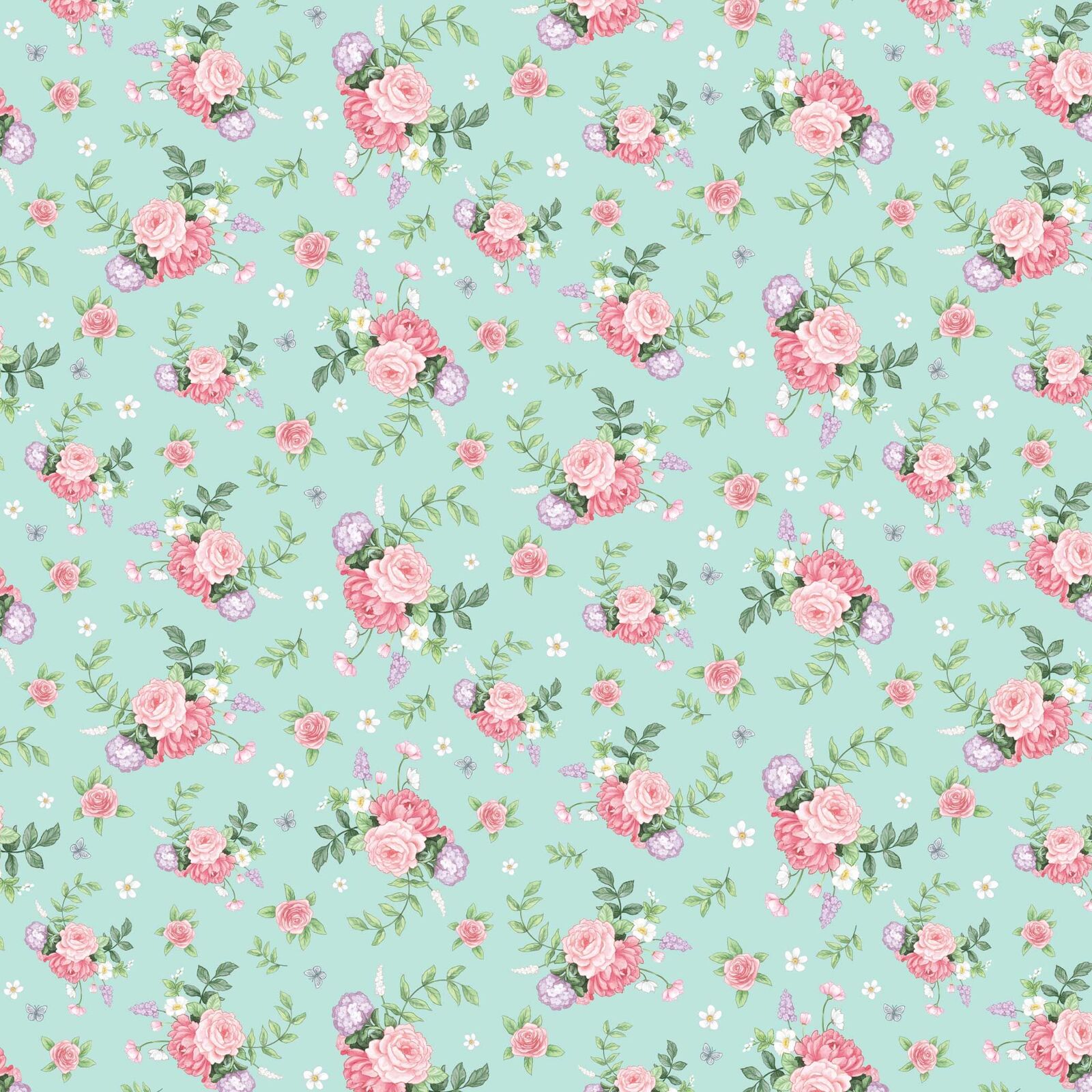 A repeating floral fabric pattern on a light mint green background, featuring pink roses, green leaves, small white flowers, and a few lavender blossoms.