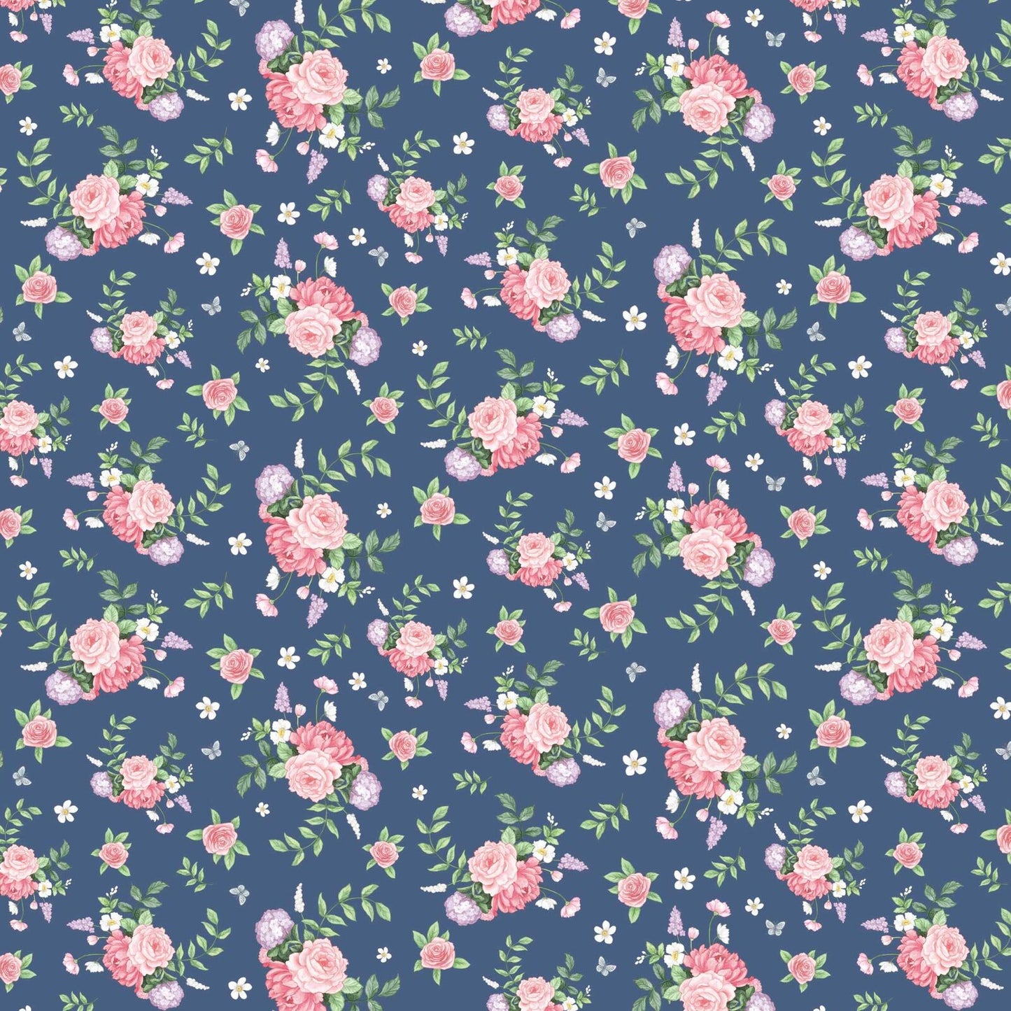 A repeating floral fabric pattern featuring pink and white roses with green leaves on a muted blue background.