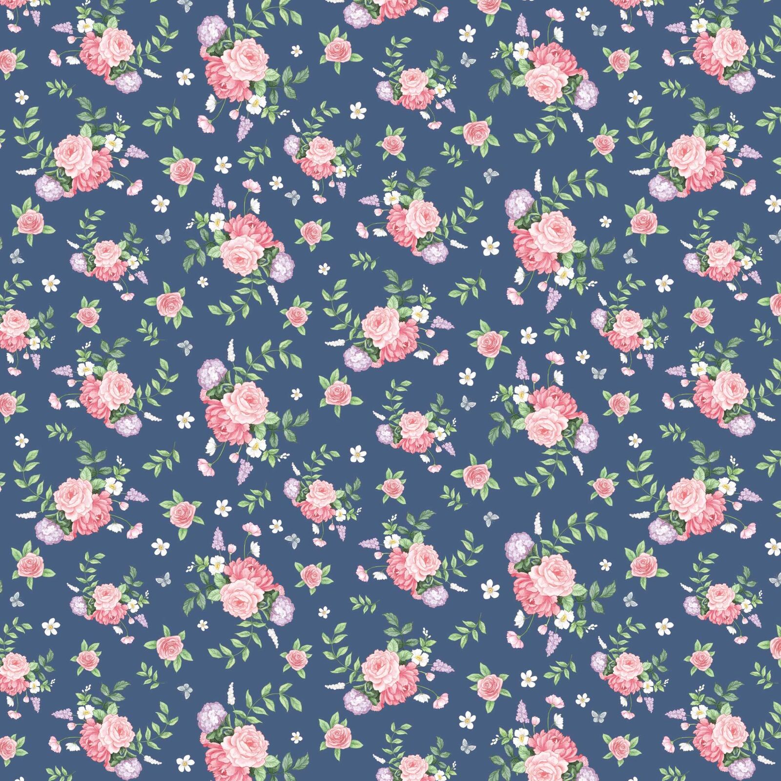 A repeating floral fabric pattern featuring pink and white roses with green leaves on a muted blue background.