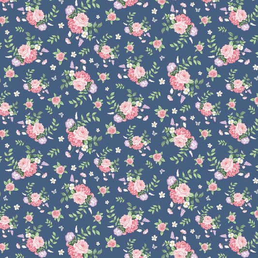 A repeating floral fabric pattern featuring pink and white roses with green leaves on a muted blue background.