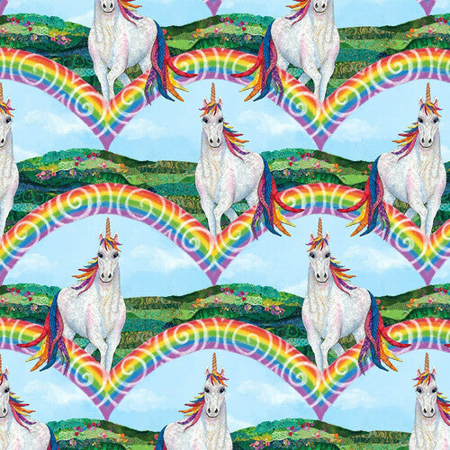 A repeating pattern featuring white unicorns with golden horns standing in front of large rainbow heart shapes over green hills under a light blue sky.