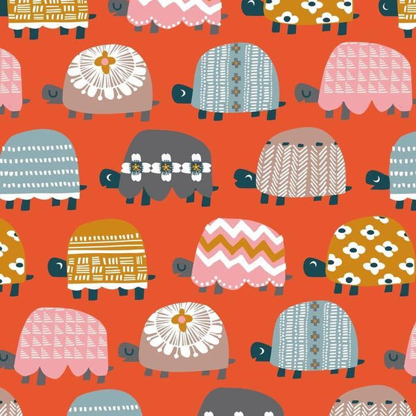 Pattern of stylized  tourtoises on a orange red background