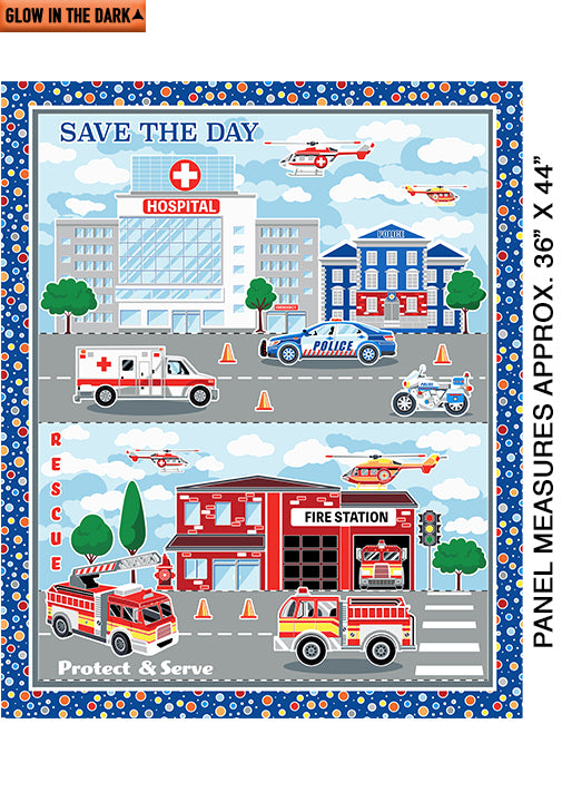 A children's fabric panel design with a colorful illustrated scene featuring a hospital, fire station, ambulances, police car, helicopters, trees, and the text 'SAVE THE DAY', 'RESCUE', and 'Protect & Serve'. The panel has a blue patterned border and side text reading 'PANEL MEASURES APPROX.