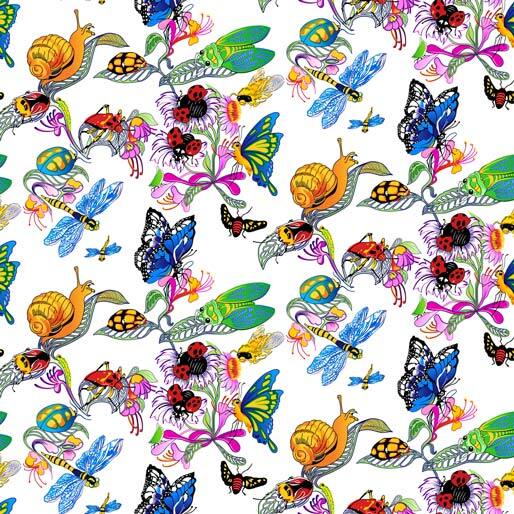 A seamless repeating pattern featuring vibrant, hand-drawn illustrations of nature elements including blue butterflies, orange snails, dragonflies, ladybugs, and colorful flowers on a white background.
