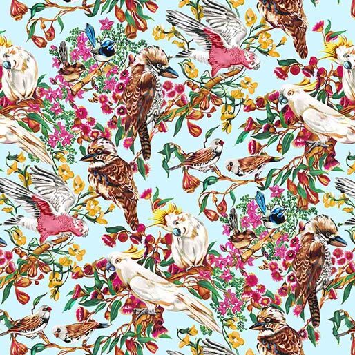 A repeating watercolor-style pattern featuring various birds, including kookaburras, cockatoos, and a pink cockatoo, perched among branches with pink, red, yellow, and green flowers on a light blue background.