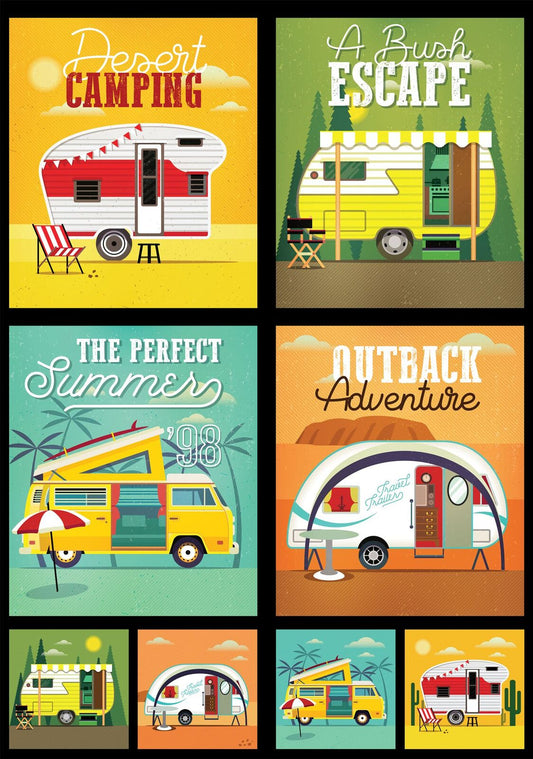A 3x3 grid of vintage-style travel poster designs featuring retro campers and camper vans with text such as 'Desert Camping,' 'A Brush Escape,' 'The Perfect Summer,' and 'Outback Adventure.'.