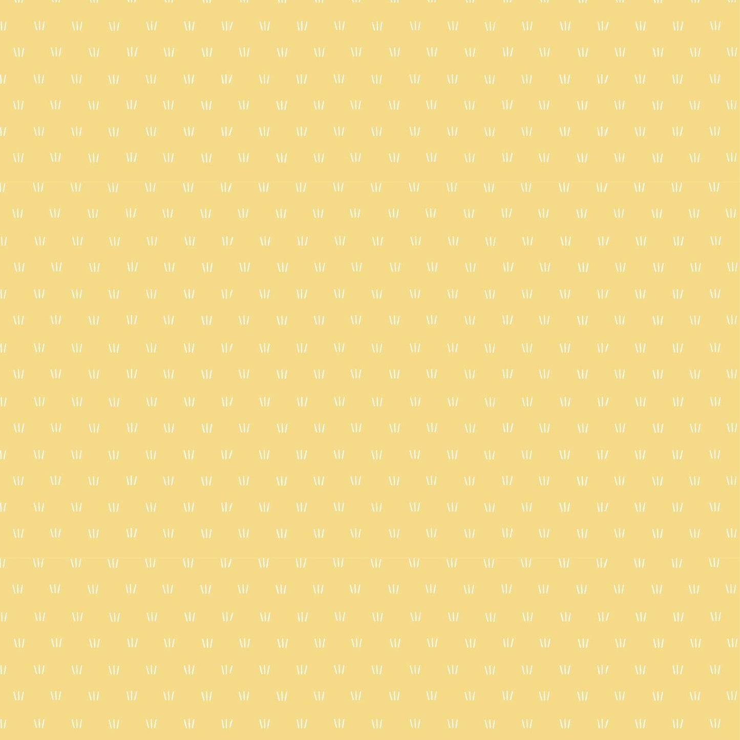 A repeating pattern of small white stylized flower or leaf motifs on a soft pastel yellow background.