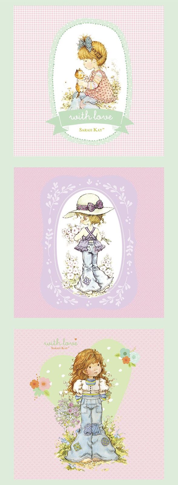 Three vertically stacked fabric art prints featuring whimsical illustrated girls in pastel colors on pink and mint backgrounds.