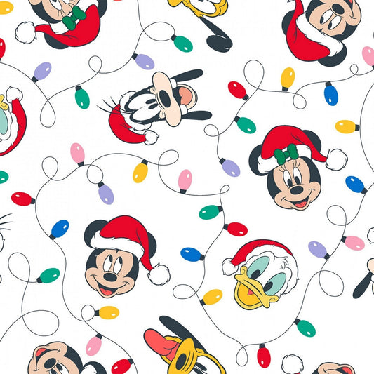 A repeating Christmas-themed fabric pattern featuring cartoon character faces wearing red Santa hats, surrounded by multicolored string lights on a white background.