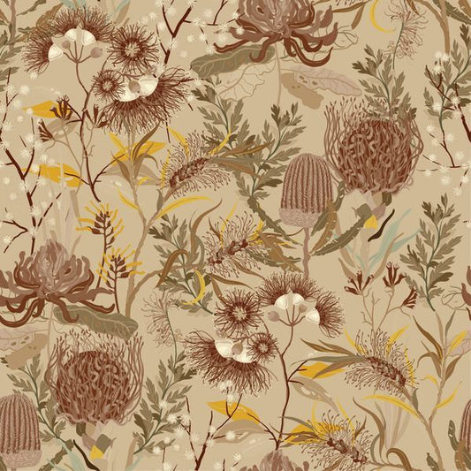 A repeating botanical fabric pattern featuring stylized flowers, leaves, and seed heads in earthy brown, beige, muted green, and small yellow accents on a warm beige background.