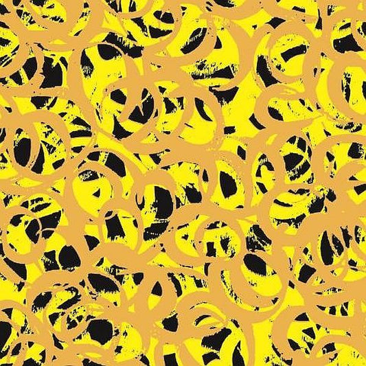 A seamless abstract pattern featuring overlapping organic circular loops in a warm tan/gold color over a bright yellow background with black textured brushstroke accents.
