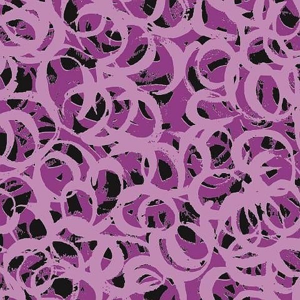 A repeating abstract pattern of overlapping circular and loop-like shapes in light purple and magenta on a black background.