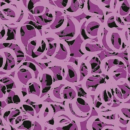 A repeating abstract pattern of overlapping circular and loop-like shapes in light purple and magenta on a black background.