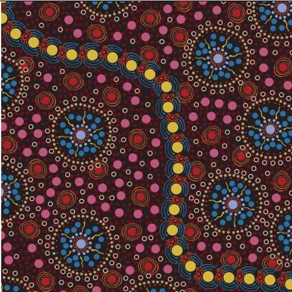 A close-up of a patterned fabric or wallpaper featuring a traditional Aboriginal-style dot art design on a dark brown background with red, blue, pink, yellow, and white circular motifs.