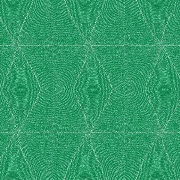 A close-up of a green textured fabric with a repeating geometric diamond pattern outlined in a lighter thread.