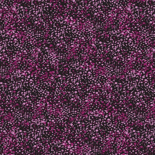 A close-up of a fabric pattern featuring dense magenta and pink dots scattered across a very dark, near-black background.
