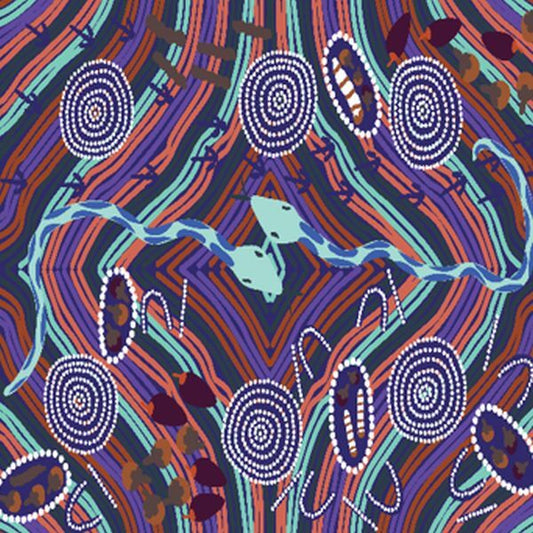 A close-up of a colorful patterned textile or wallpaper featuring Aboriginal-inspired dot art, concentric circles, wavy lines, and snakes and abstract motifs in purple, blue, teal, orange, red, and brown on a dark navy background.