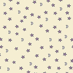 A charming moon and stars print from the Memory Mass collection by Stof, set against a soft cream background for an easy-to-use, gentle look