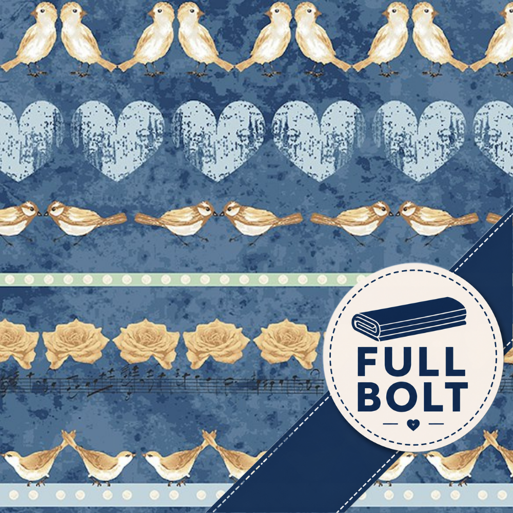 A fabric design featuring rows of cream-colored birds, distressed light blue hearts, cream roses, and musical notes on a textured blue background, with a circular 'FULL BOLT' badge in the lower right corner.