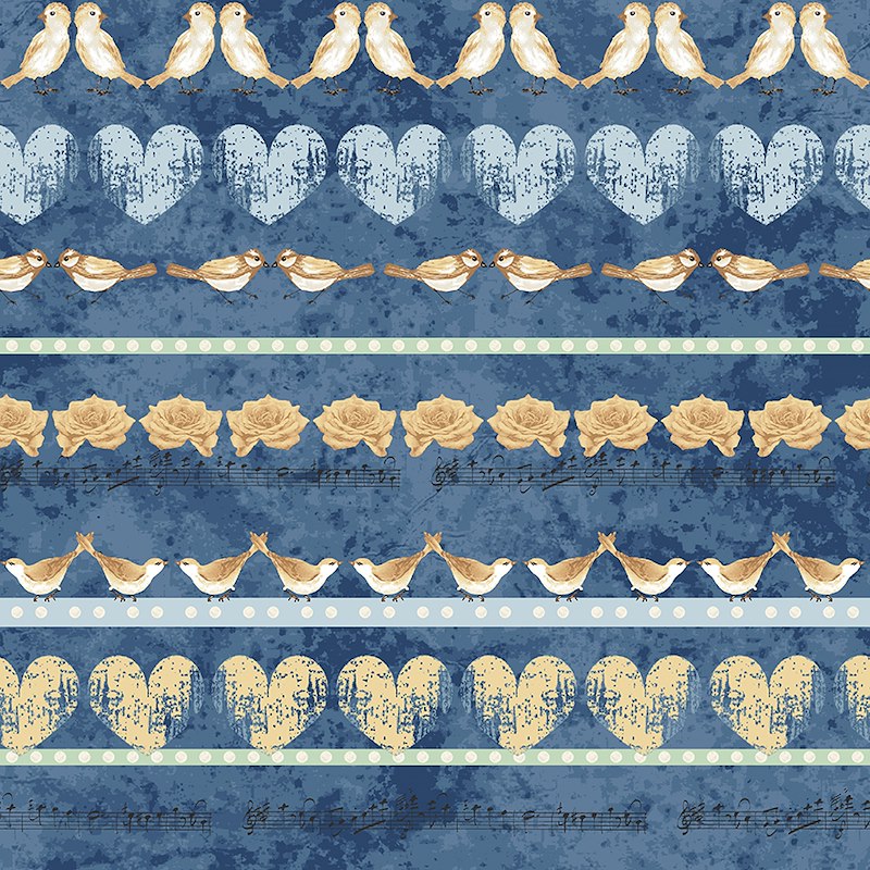A repeating fabric on a textured blue background, featuring rows of cream and brown birds, distressed light blue hearts, tan roses, and musical notes.