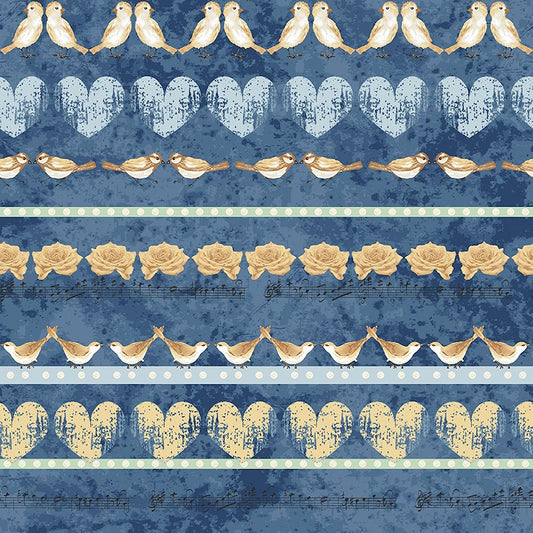 A repeating fabric on a textured blue background, featuring rows of cream and brown birds, distressed light blue hearts, tan roses, and musical notes.