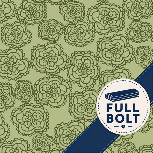 A repeating floral pattern in tonal  olive green with a diagonal navy banner across the lower right containing a white circular badge that reads “FULL BOLT” with a small rolled fabric icon.