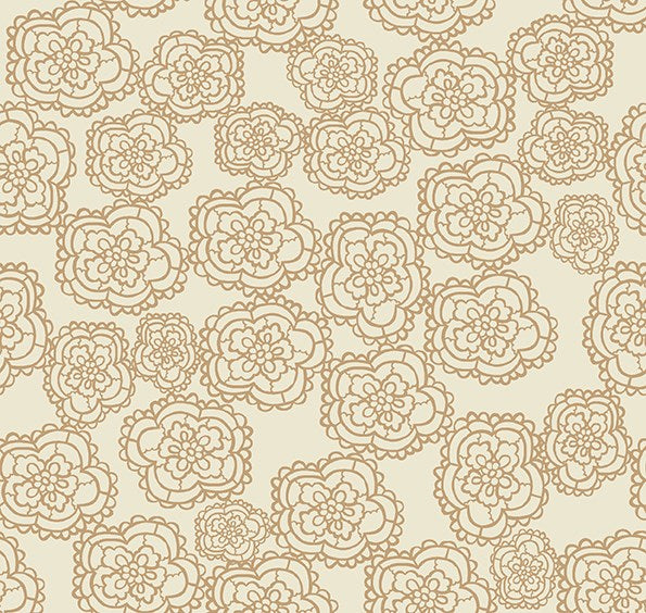 A repeating floral pattern with large outlined flowers in a warm tan and light cream background.