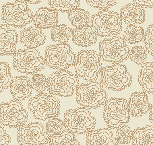 A repeating floral pattern with large outlined flowers in a warm tan and light cream background.