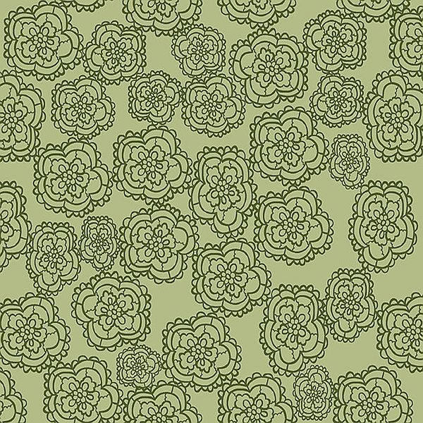 A repeating floral pattern with dark tonal olive-green hand-drawn style flowers on a muted sage green background.