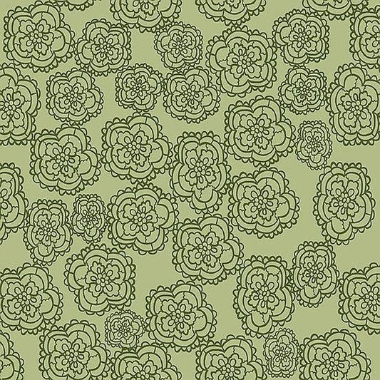A repeating floral pattern with dark tonal olive-green hand-drawn style flowers on a muted sage green background.