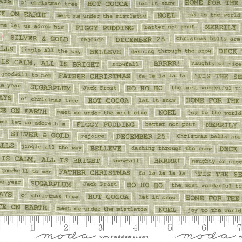 A close-up of a fabric pattern featuring repeating rectangular blocks of text with Christmas-themed phrases like 'Father Christmas,' 'Hot Cocoa,' 'Figgy Pudding,' and 'Merryly.' The design is in muted olive green and beige tones, with a white measurement ruler along the bottom edge showing the scale of the print.