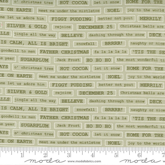 A close-up of a fabric pattern featuring repeating rectangular blocks of text with Christmas-themed phrases like 'Father Christmas,' 'Hot Cocoa,' 'Figgy Pudding,' and 'Merryly.' The design is in muted olive green and beige tones, with a white measurement ruler along the bottom edge showing the scale of the print.