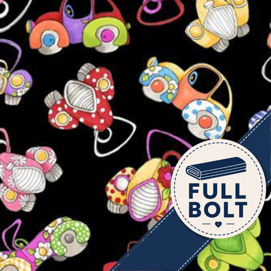 A close-up of a fabric pattern featuring colorful cartoon cars on a black background, with a blue diagonal banner and a white circular badge reading 'FULL BOLT'.