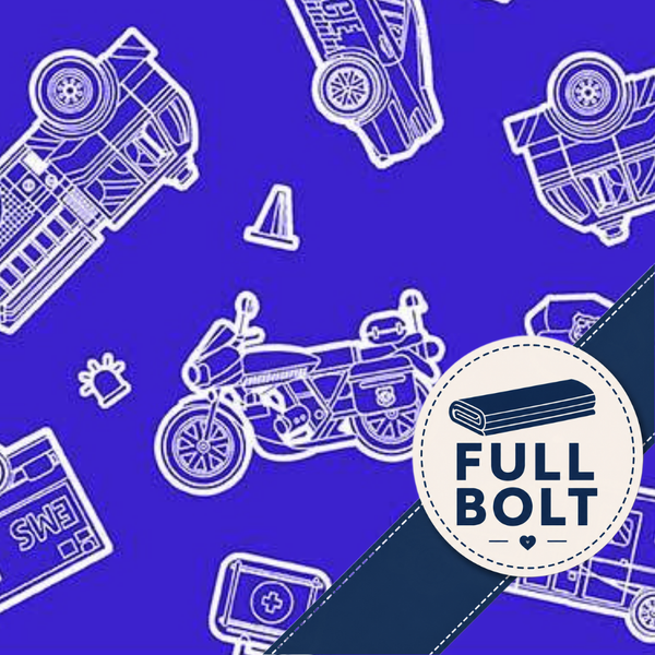 A repeating illustrated pattern on a vivid blue background with white line drawings of vehicles, a motorcycle, a traffic cone, and small icons. A large circular badge in the lower right reads FULL BOLT with a rolled mat graphic.