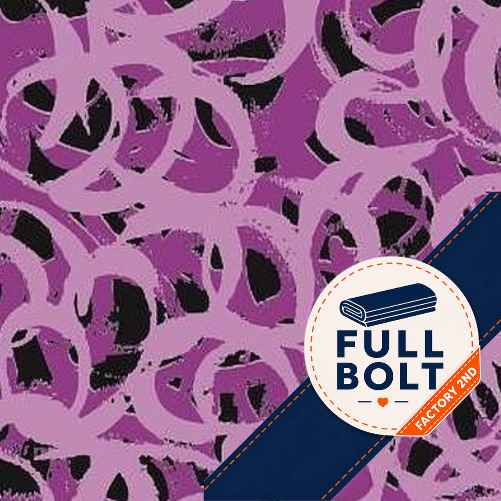 Purple and black abstract brushstroke patterned fabric  with a circular 'FULL BOLT' badge and a navy diagonal banner in the lower right corner