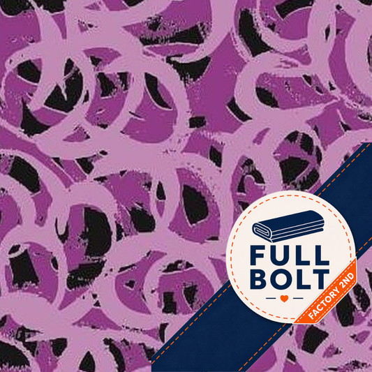 Purple and black abstract brushstroke patterned fabric  with a circular 'FULL BOLT' badge and a navy diagonal banner in the lower right corner