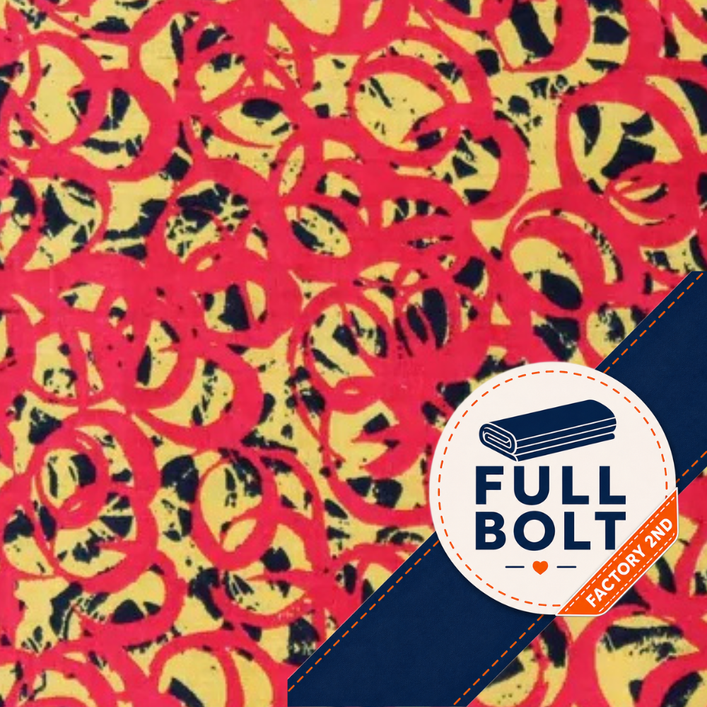 A close-up of a patterned fabric with overlapping red circular brushstroke motifs on a yellow  and black background, plus a dark navy diagonal band and a circular 'FULL BOLT FACTORY 2ND' logo badge.
