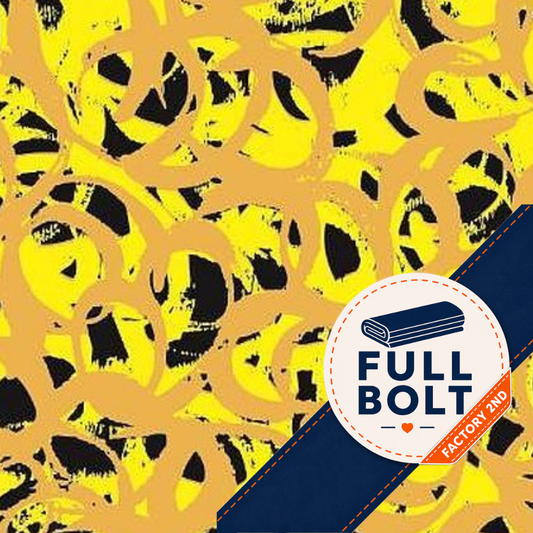 A close-up of a fabric pattern featuring a yellow and black abstract swirl design, with a navy blue diagonal banner in the lower right containing a circular 'FULL BOLT' logo and an orange 'FACTORY 2ND' tag.