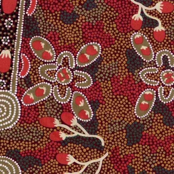 A close-up of a patterned textile or wallpaper featuring Aboriginal-style dot art with red, brown, black, beige, and white floral motifs.
